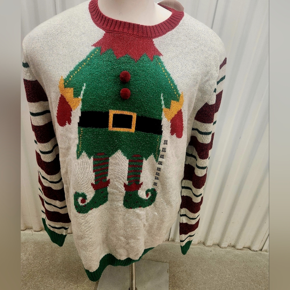 NWT Mens Elf Design Crewneck Sweater - Green, Red, White Size 2XL